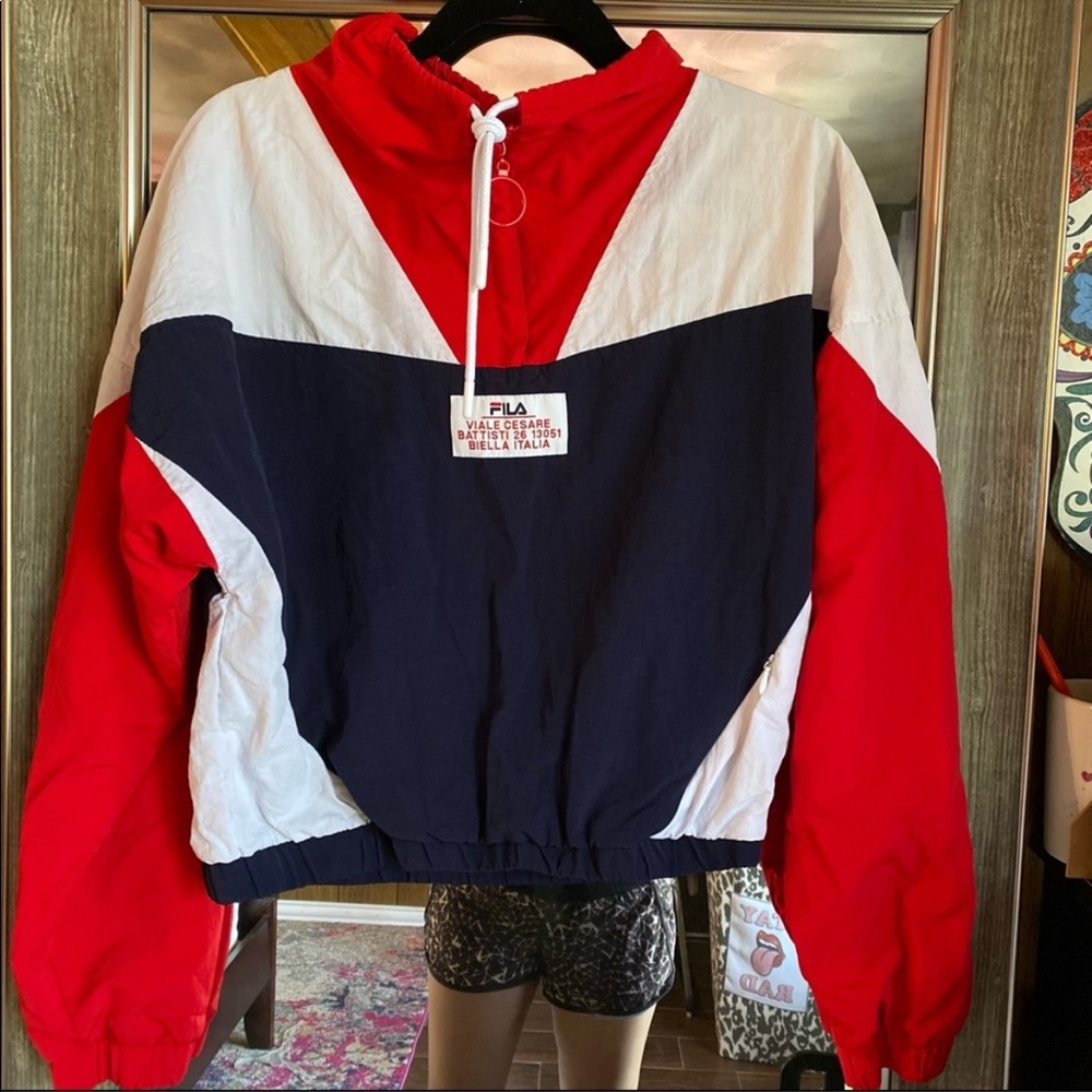 Fila Retro Style Cropped Quarter Zip Windbreaker Sweatshirt Blue Red White Small